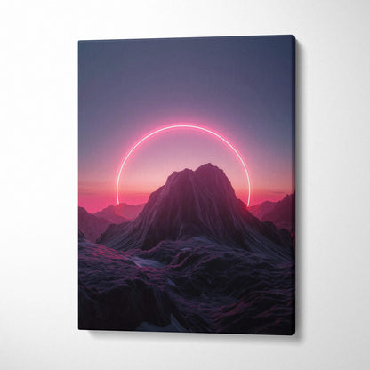 Vibrant neon pink circle glows behind mountain silhouette canvas wall art