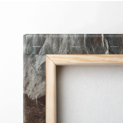 Close-up of wooden frame and textured canvas corner for wall art canvas print.