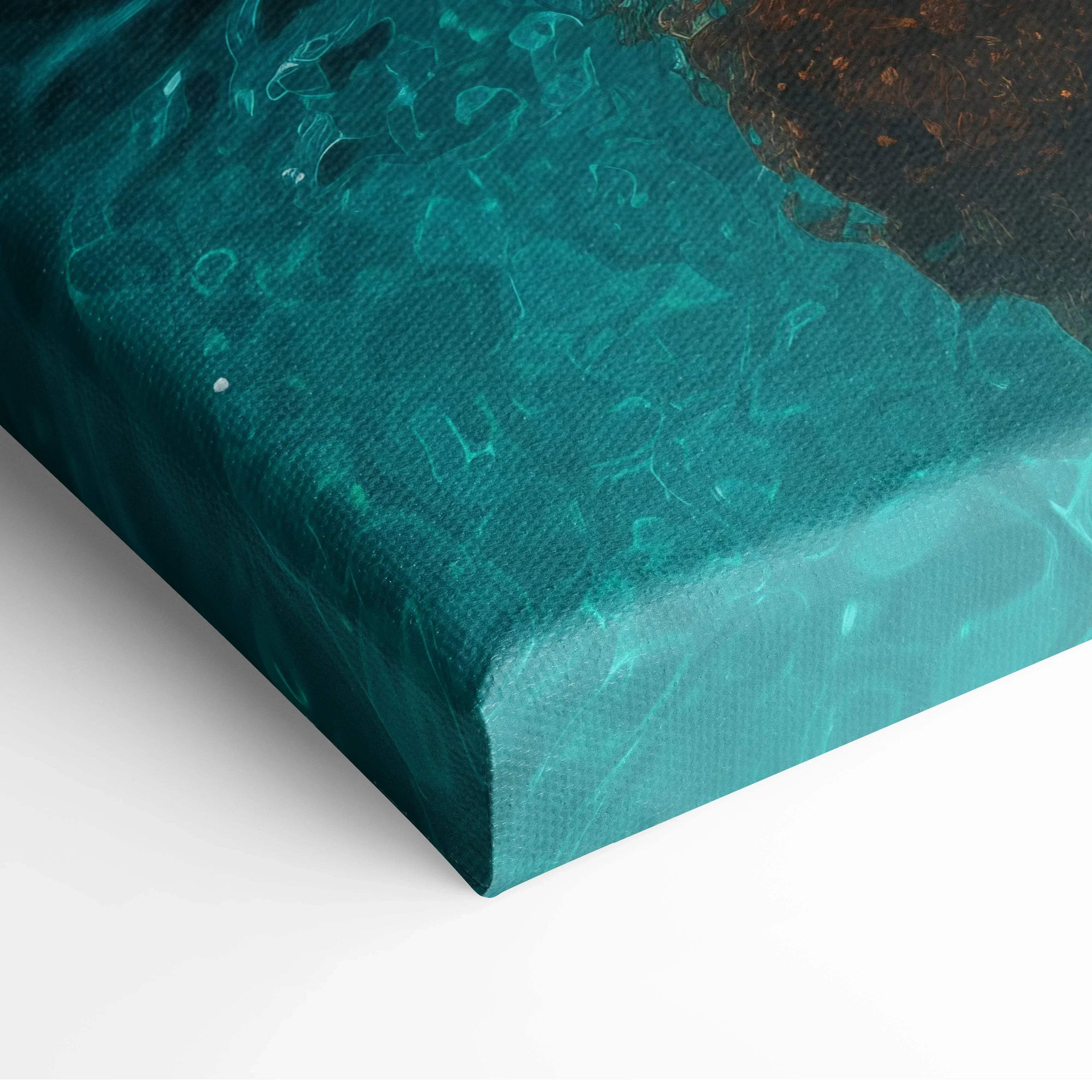 Close-up of teal and brown textured canvas wall art with abstract architectural design.