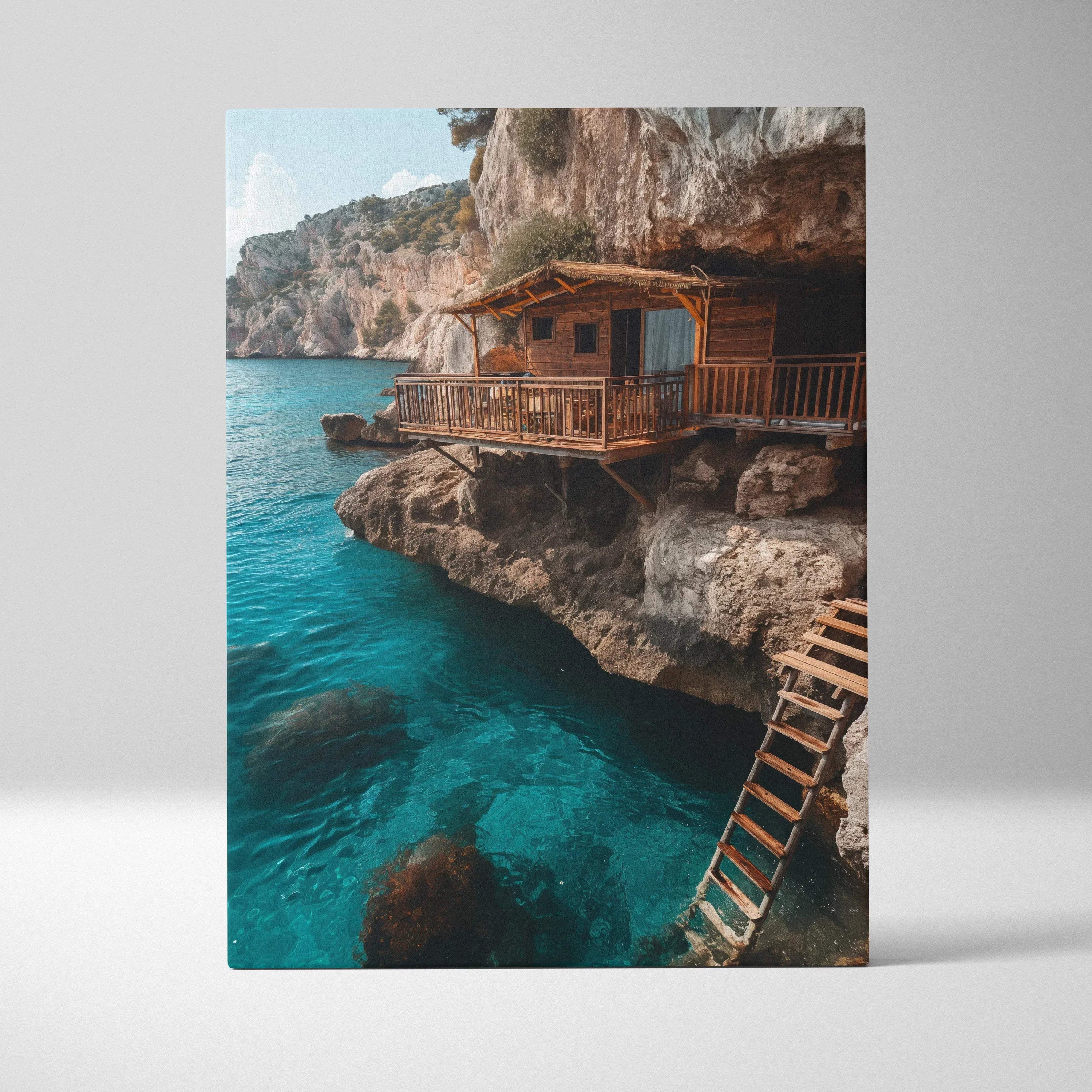 Vertical canvas art of a wooden cliffside cabin over turquoise sea for stunning wall art decor.