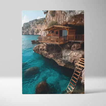 Vertical canvas art of a wooden cliffside cabin over turquoise sea for stunning wall art decor.