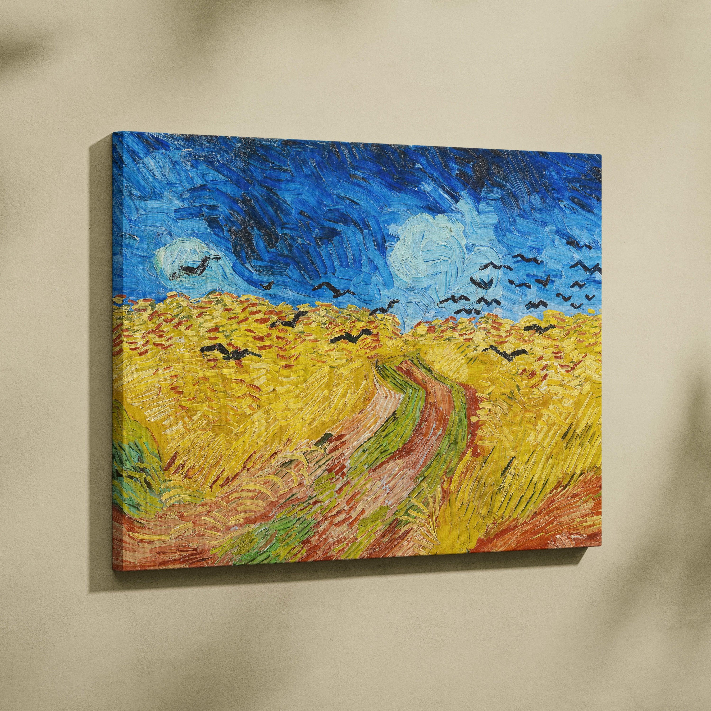 Vibrant Wheatfield with Crows by Van Gogh, textured yellow wheat and swirling blue sky canvas painting