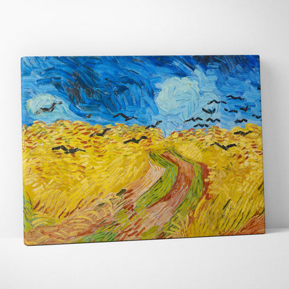 Vibrant yellow wheat field with swirling blue sky and crows by Van Gogh, impasto style