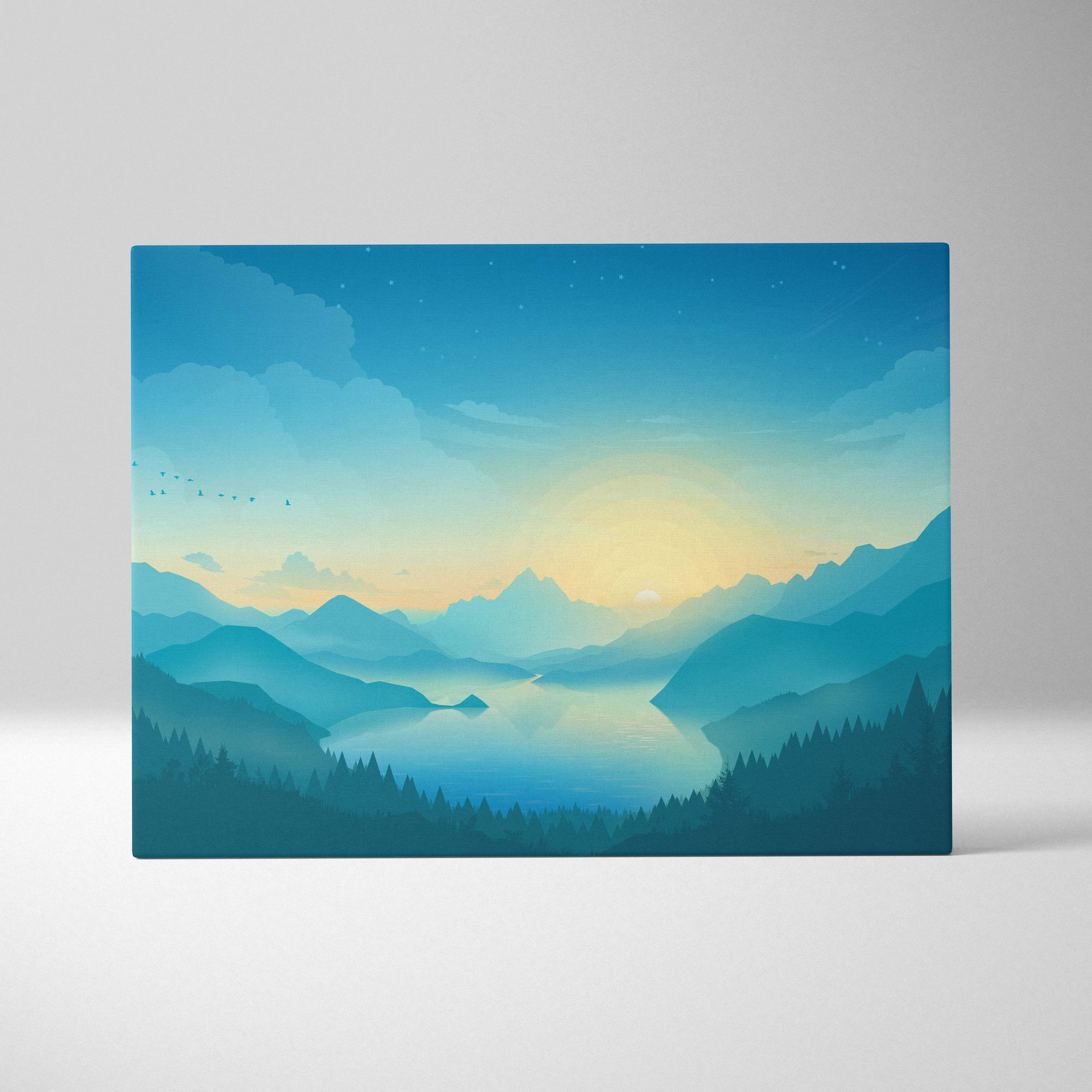Minimalist teal sunrise mountain landscape canvas with serene lake and pines