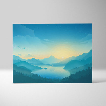 Minimalist teal sunrise mountain landscape canvas with serene lake and pines