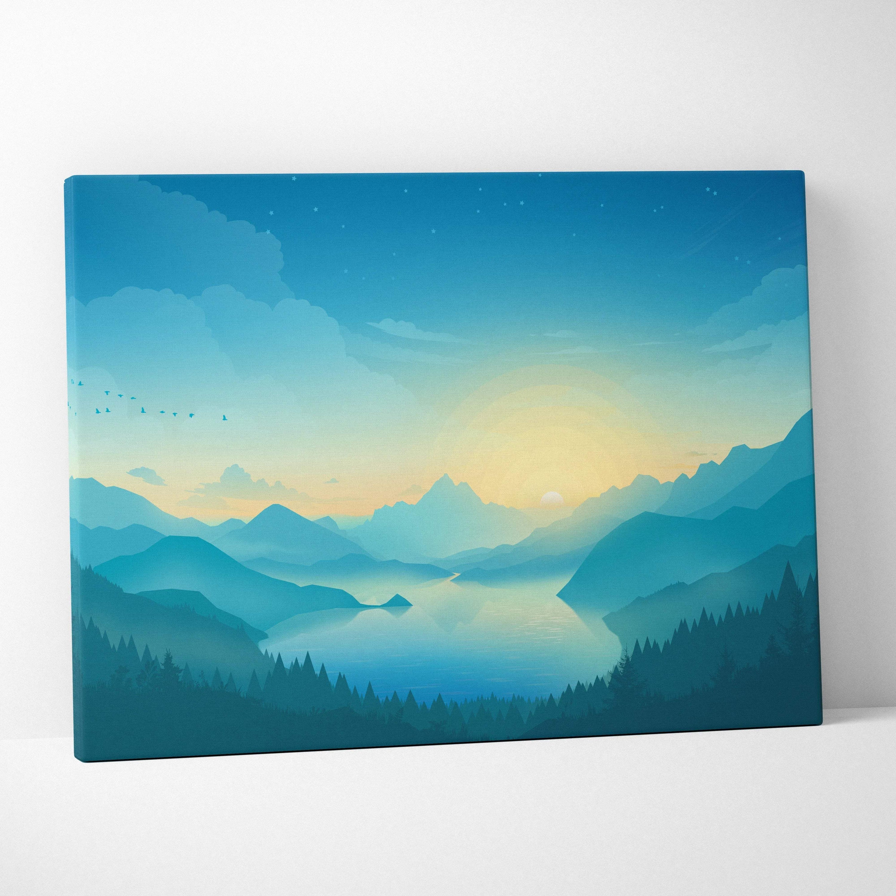 Minimalist teal sunrise mountain canvas with serene lake and pine silhouettes