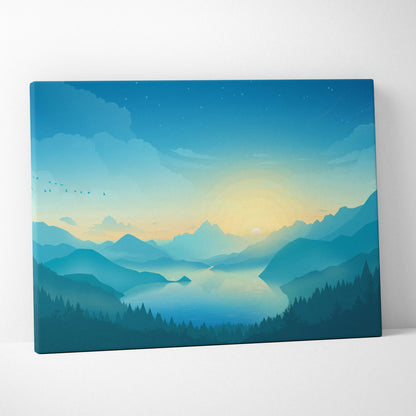 Minimalist teal sunrise mountain canvas with serene lake and pine silhouettes