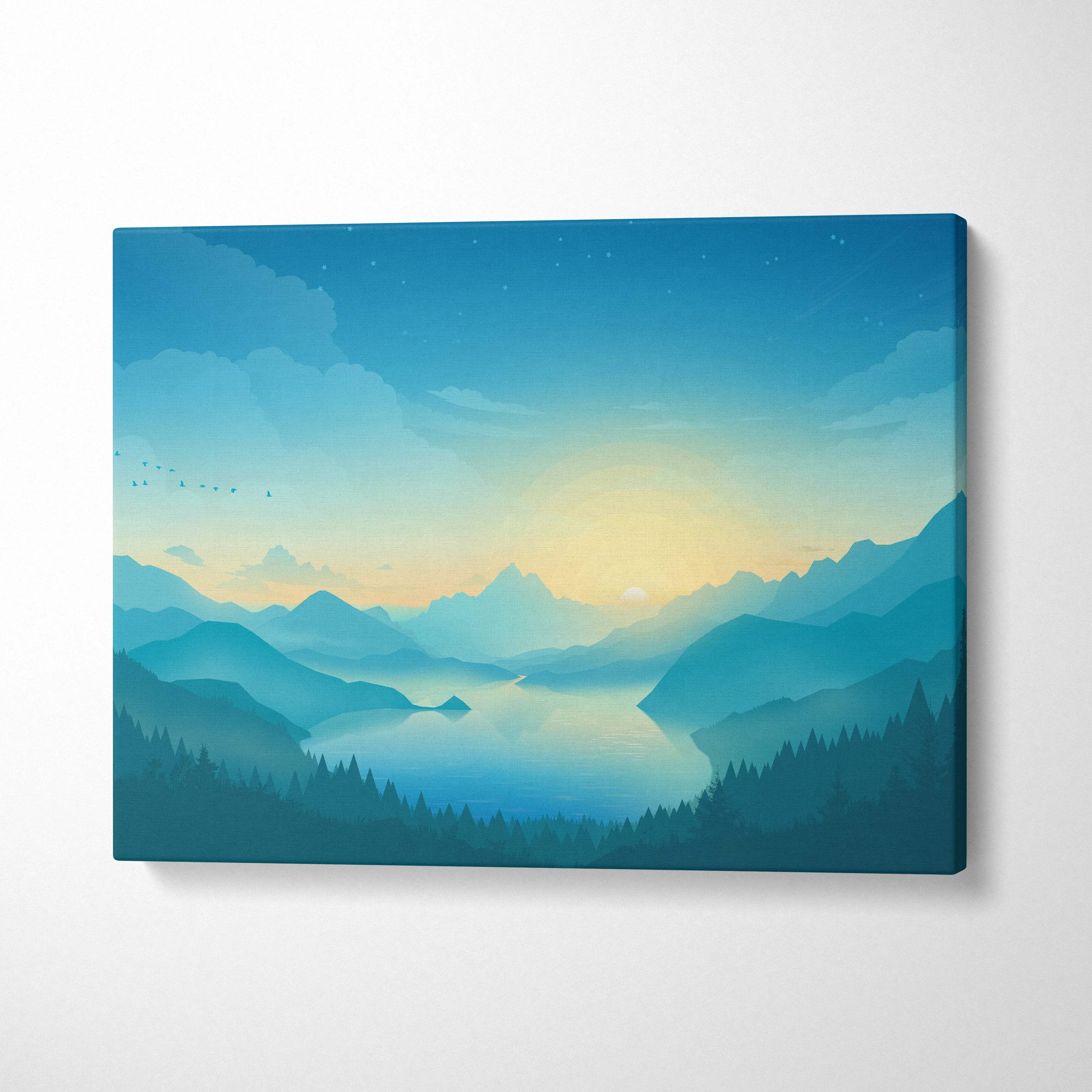 Minimalist teal sunrise over serene lake canvas print with pine silhouettes