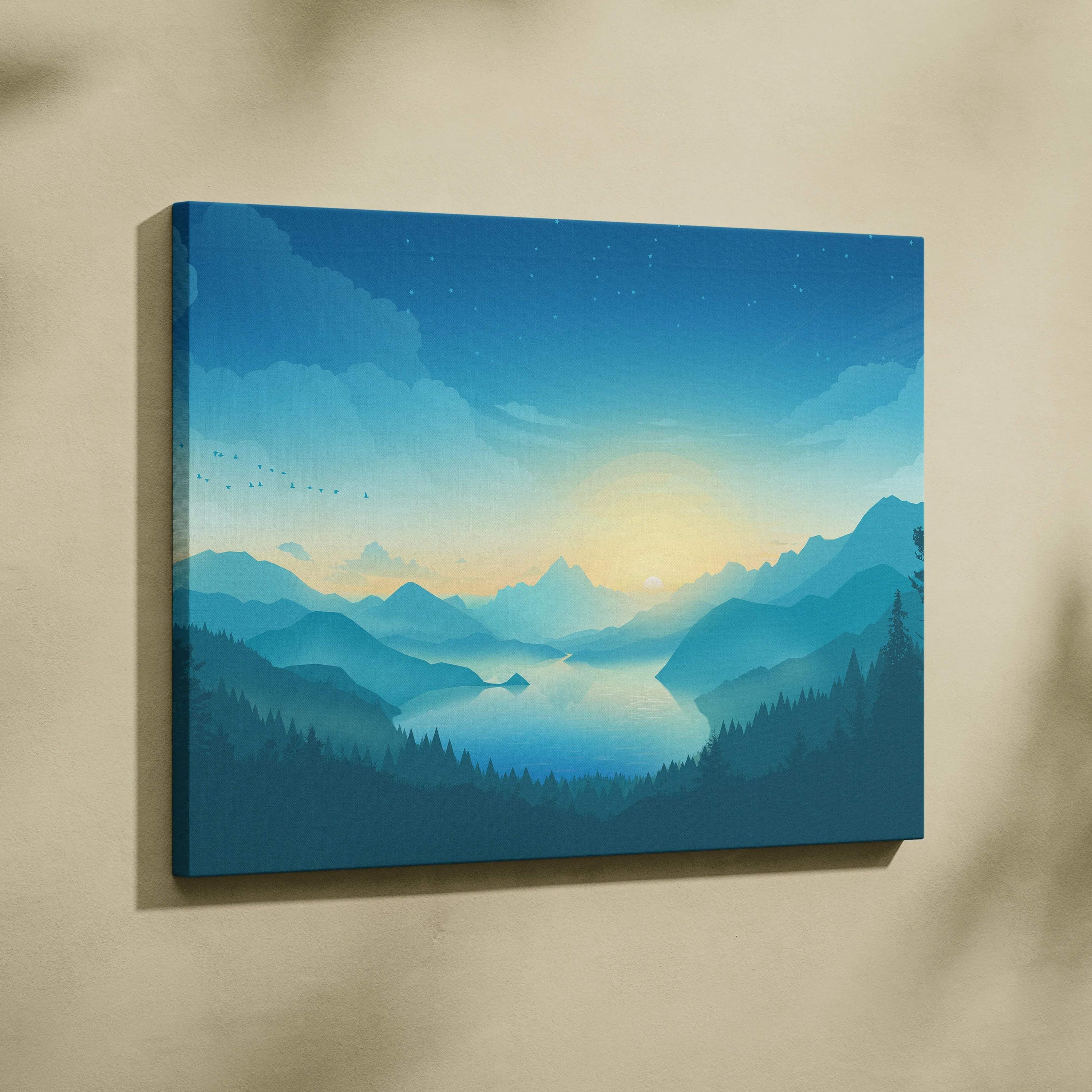 Minimalist teal sunrise over serene lake canvas print with pine silhouettes