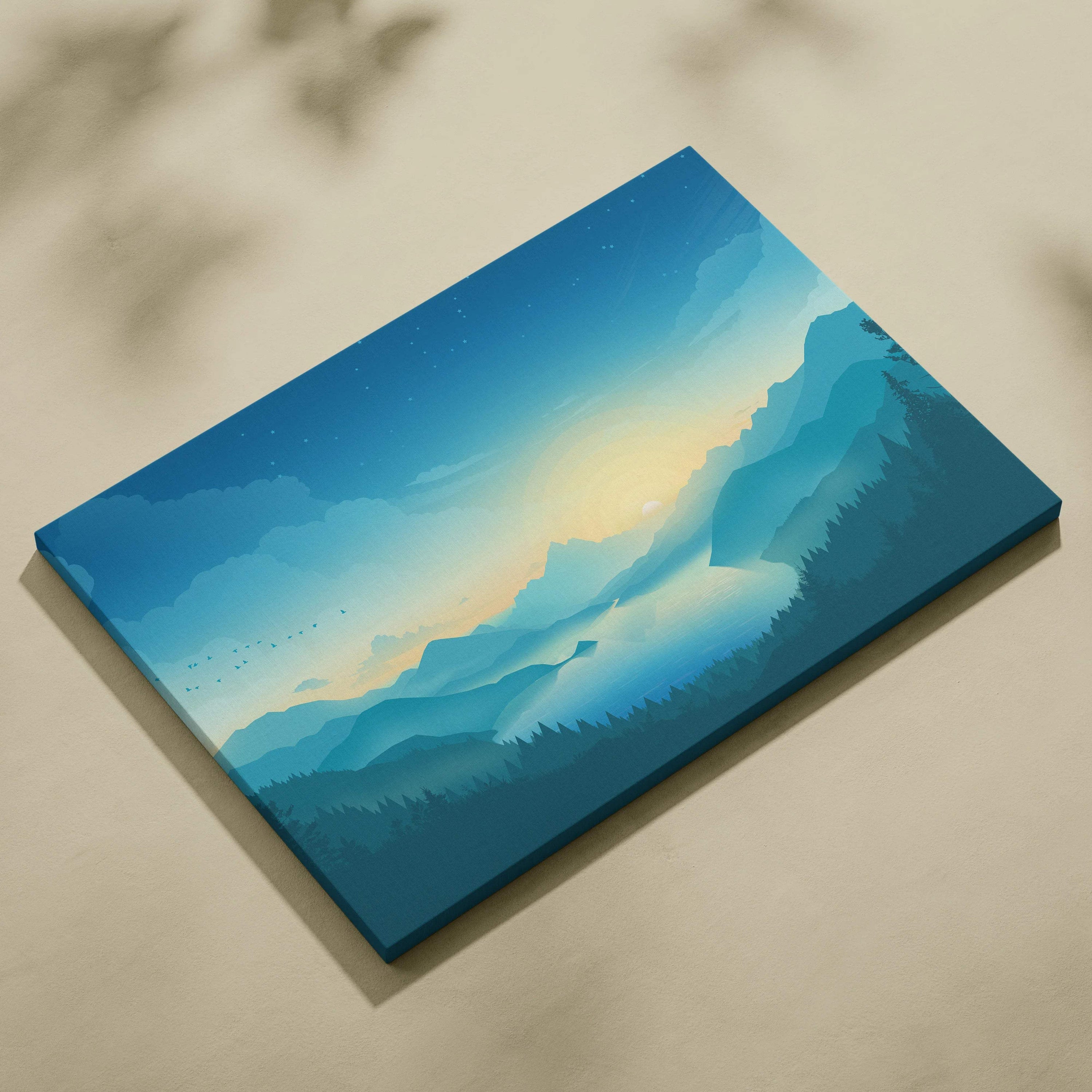 Minimalist teal sunrise mountain landscape canvas with pine silhouettes