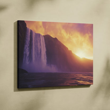 Large canvas wall art featuring a vibrant sunset behind a cascading waterfall over dark cliffs with glowing orange sky and.