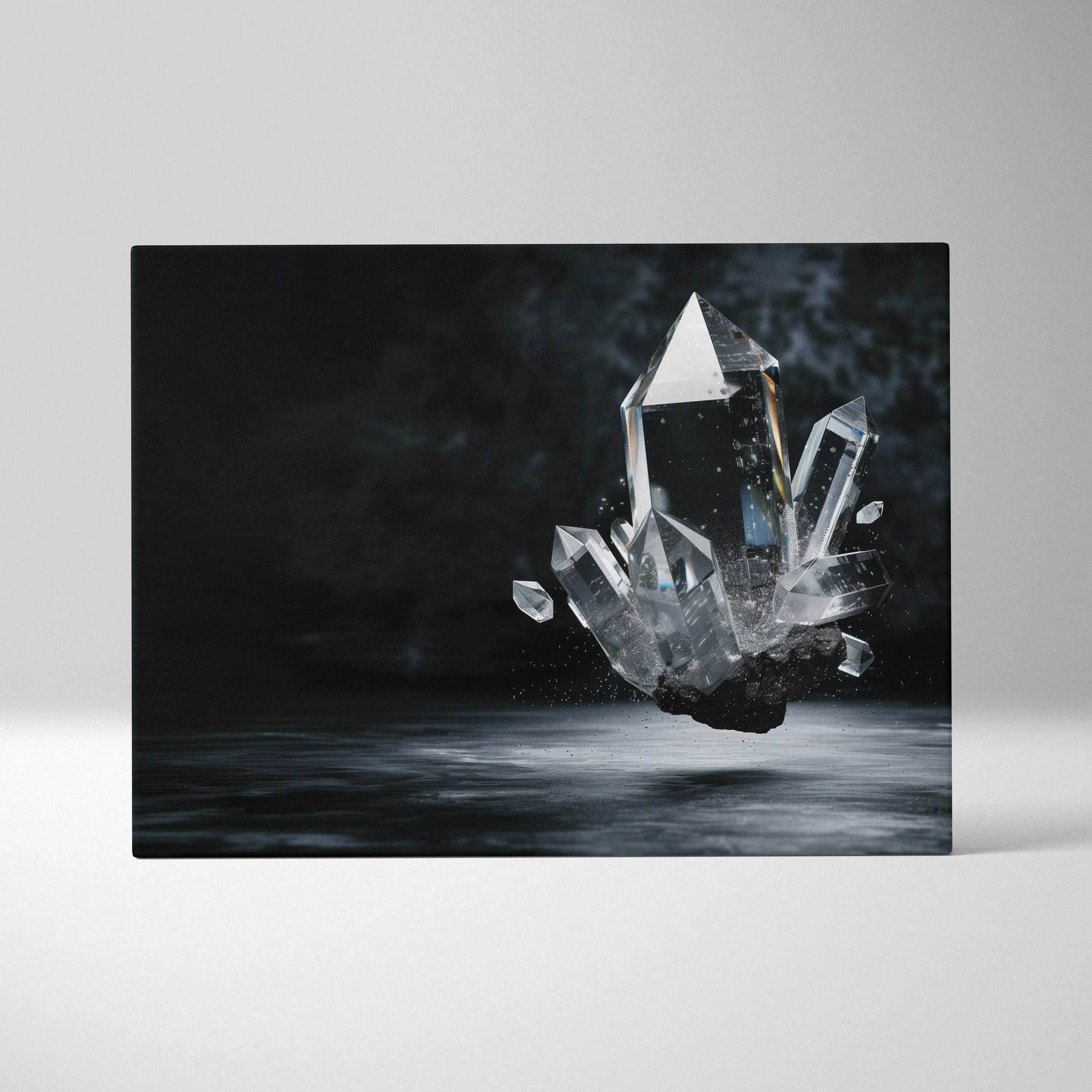 Abstract digital art canvas featuring sharp, translucent crystal shapes floating against a dark, smoky background.