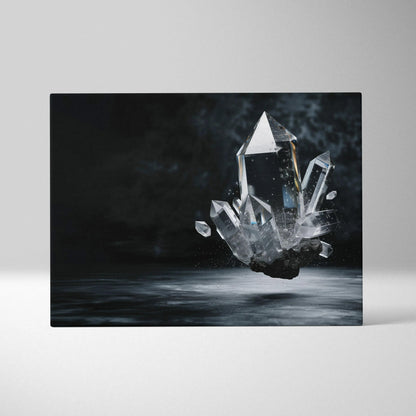 Abstract digital art canvas featuring sharp, translucent crystal shapes floating against a dark, smoky background.