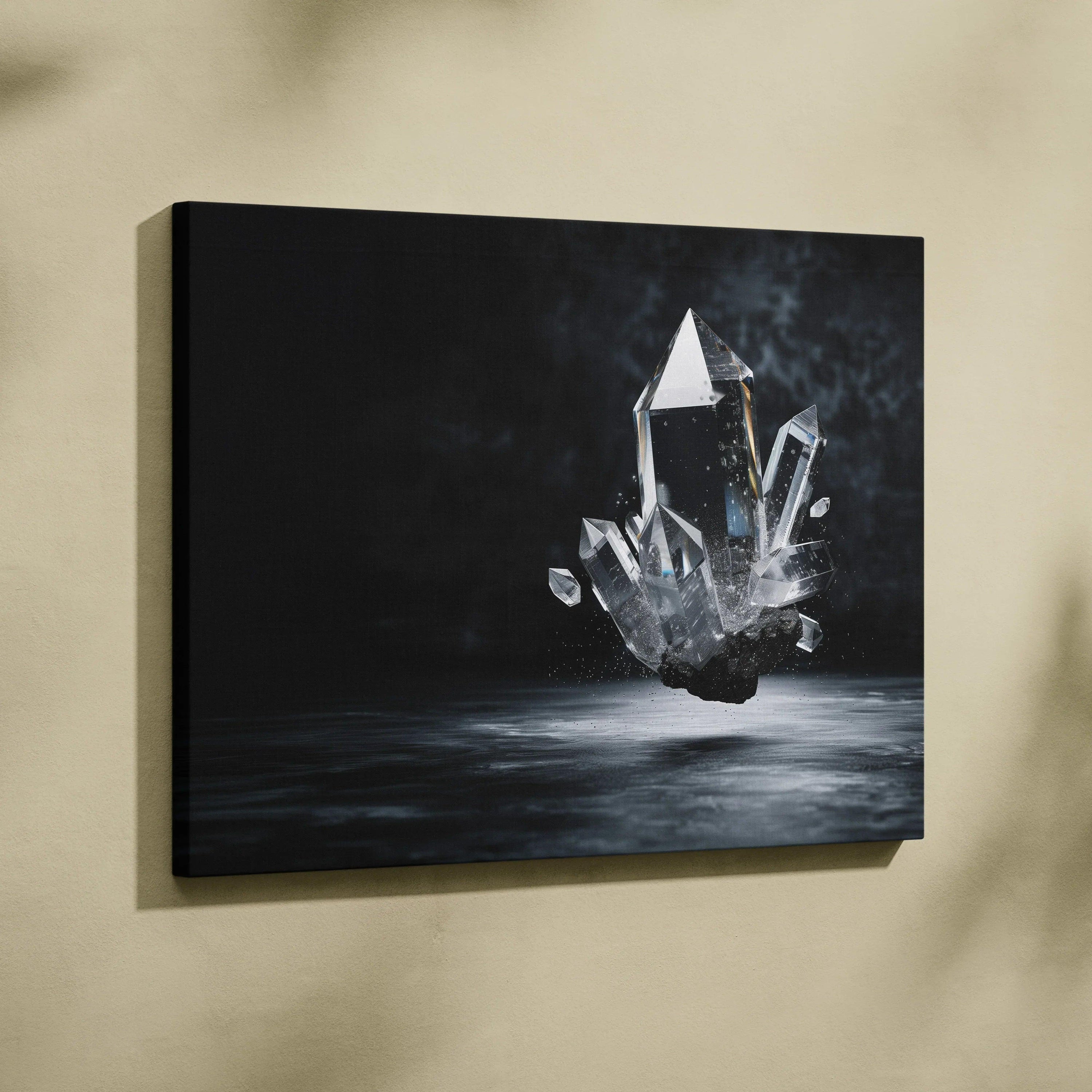 Abstract digital art canvas print featuring floating geometric crystal shapes in dark, moody tones with smoky accents.