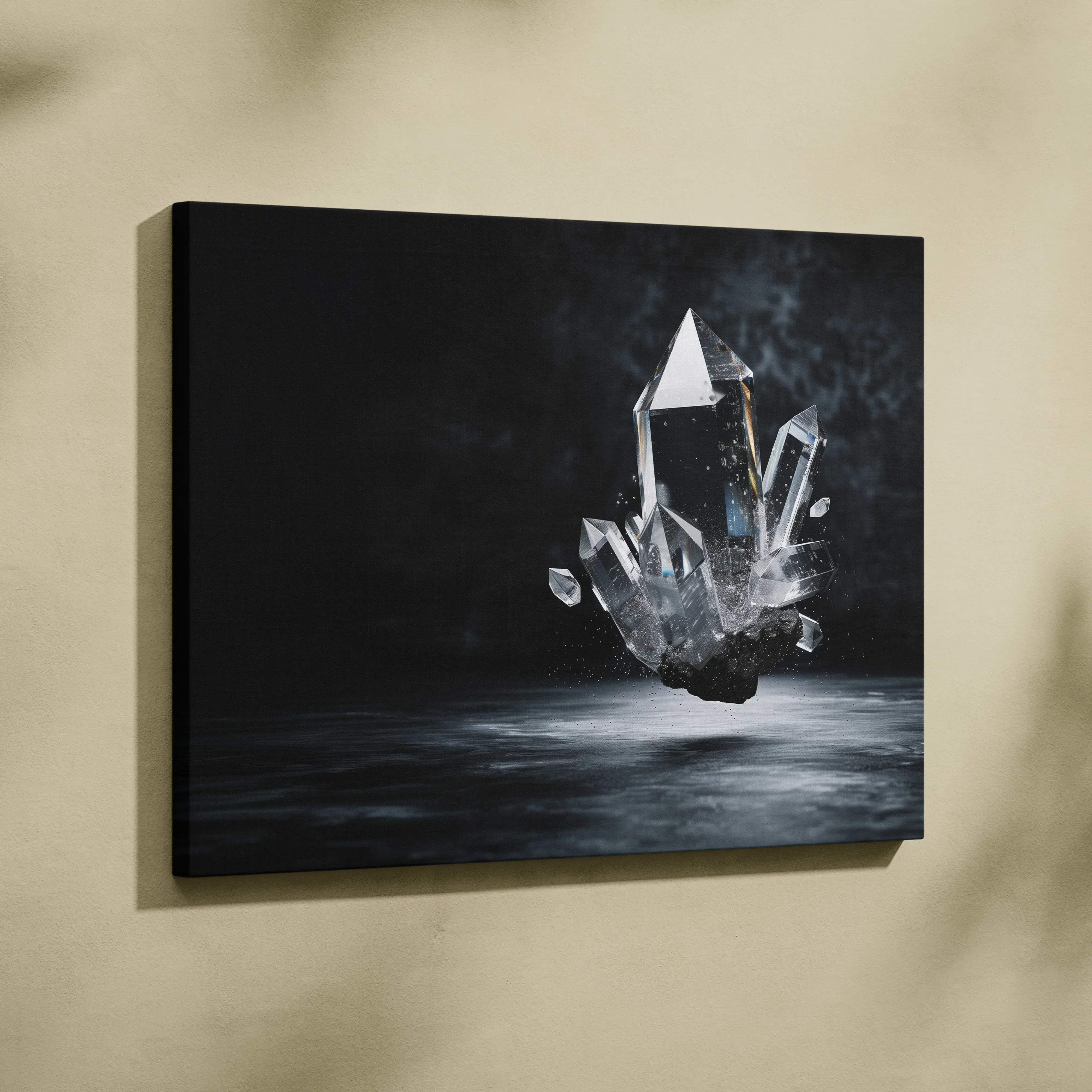 Moody abstract floating canvas wall art featuring transparent faceted quartz crystals over dark water background