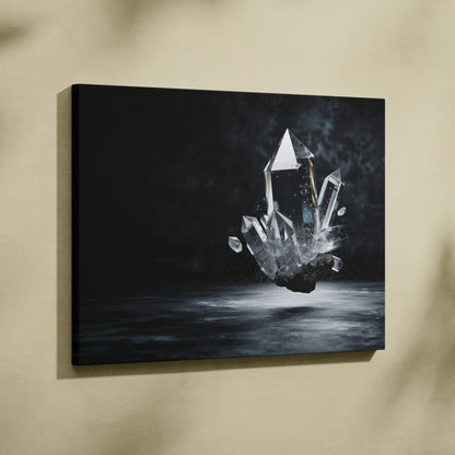 Abstract digital art canvas print featuring floating geometric crystal shapes in dark, moody tones with smoky accents.