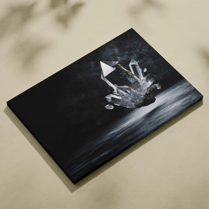 Abstract digital crystal formation art in black and white on canvas wall art.