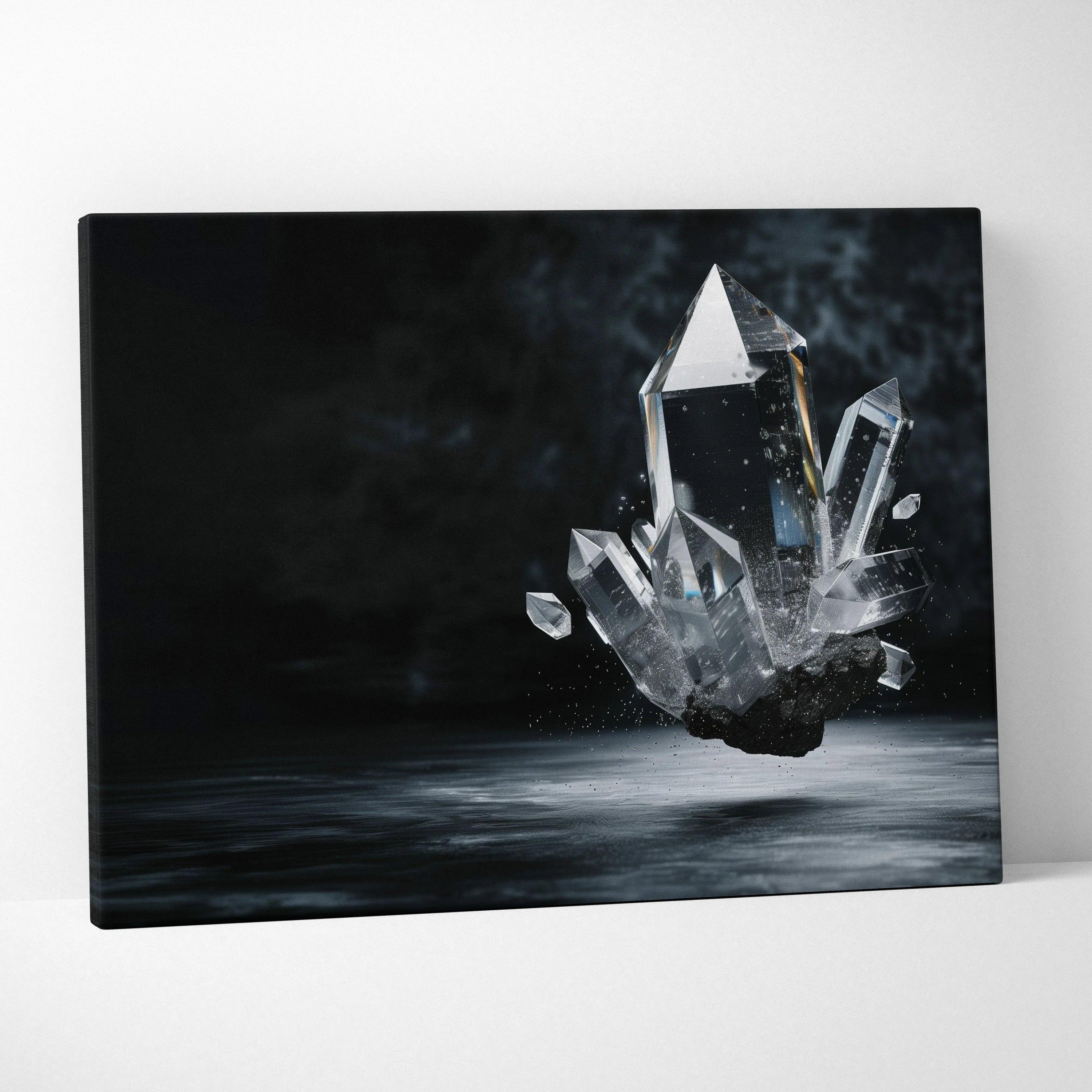 Abstract digital art canvas print featuring floating translucent crystal shapes against a dark smoky background.