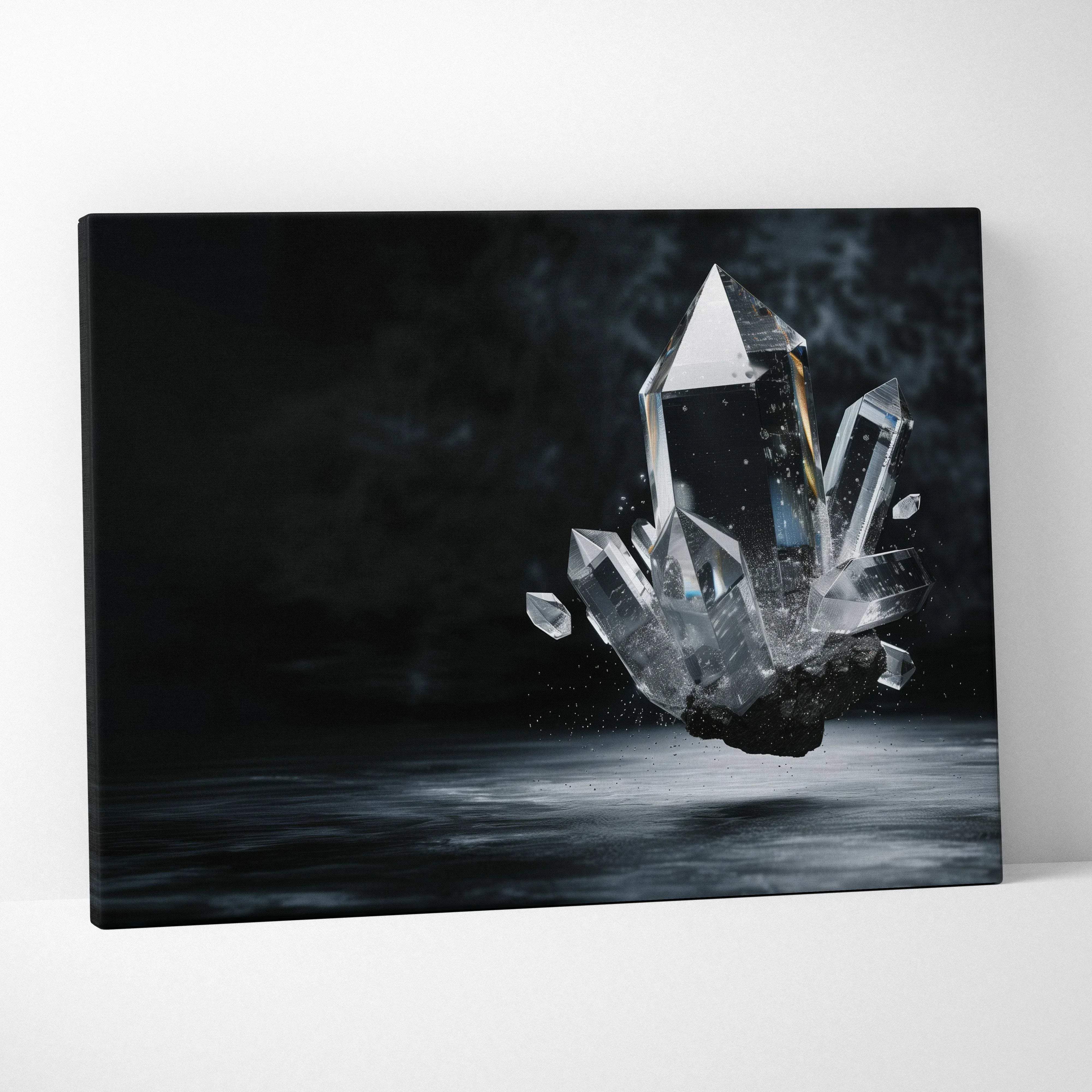 Moody abstract crystal cluster floating canvas wall art featuring black and white transparent quartz crystals on dark rock