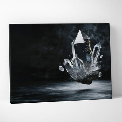Abstract digital art canvas print featuring floating translucent crystal shapes against a dark smoky background.