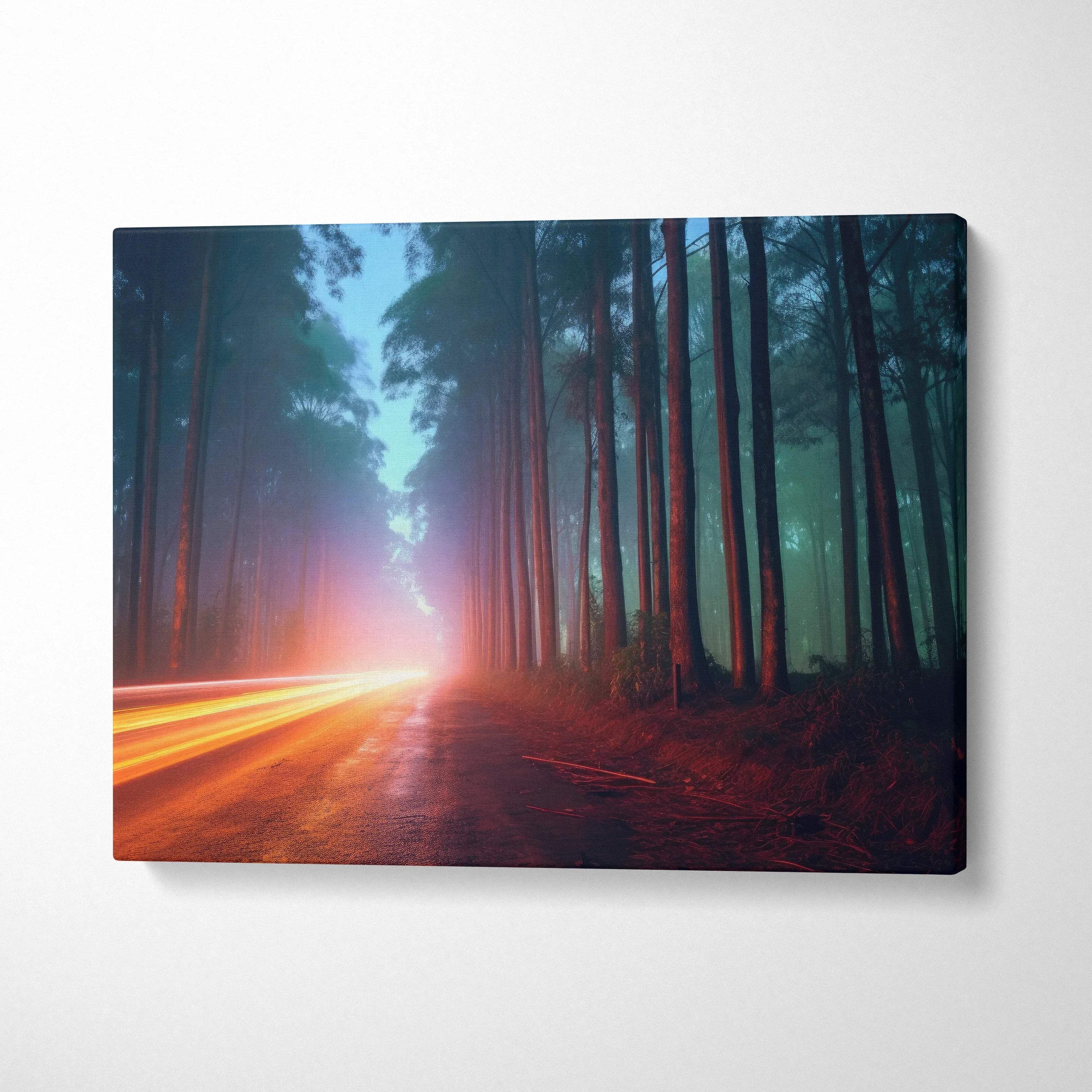 Dark forest canvas wall art with light trails from passing cars at night decor.