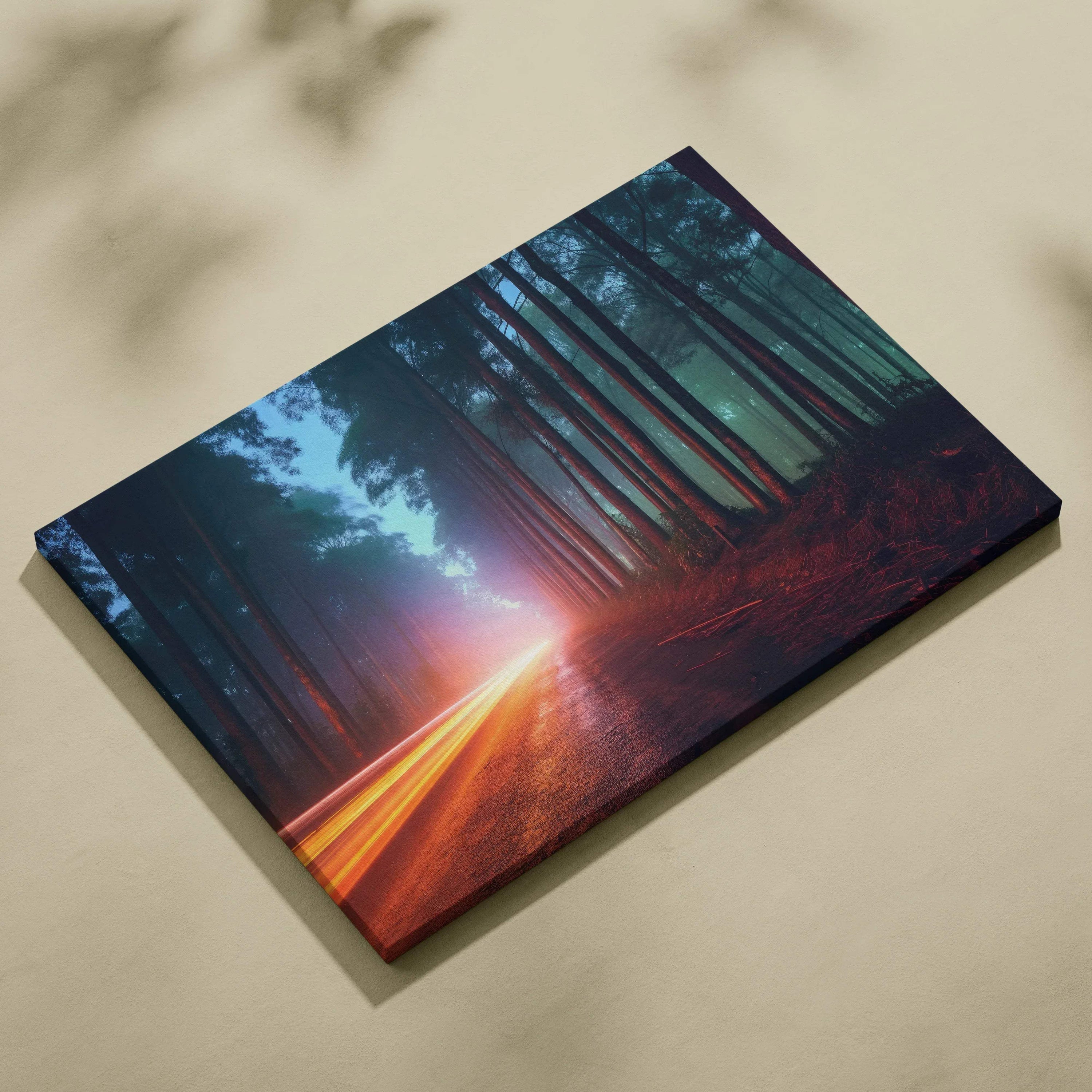 Dark forest canvas wall art with glowing streaks of car lights at night, moody decor.