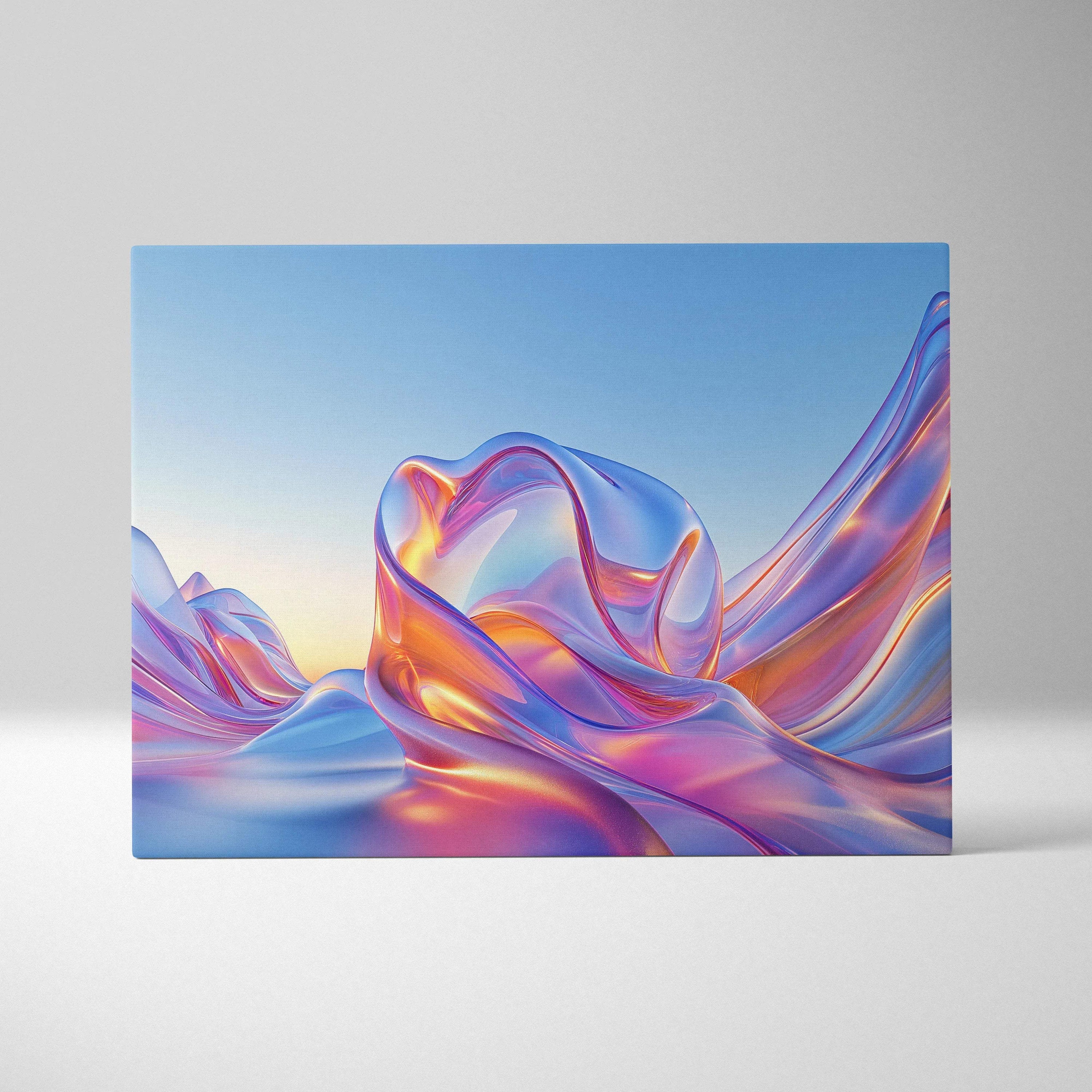 Abstract digital art canvas with flowing, translucent ribbon shapes in blue, purple, and orange tones against a gradient sky