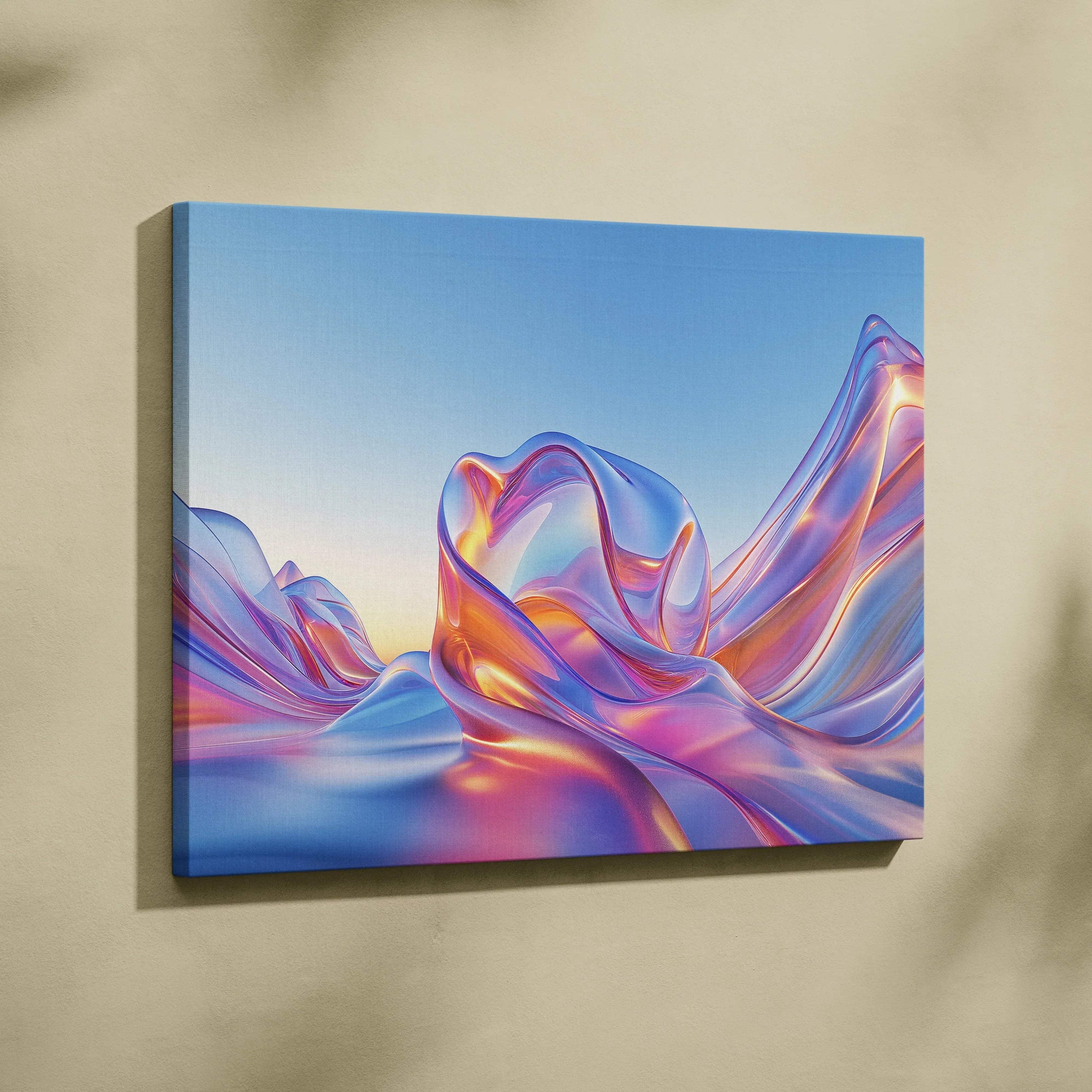 Abstract digital art canvas wall decor with vibrant blue, purple, and pink flowing shapes.