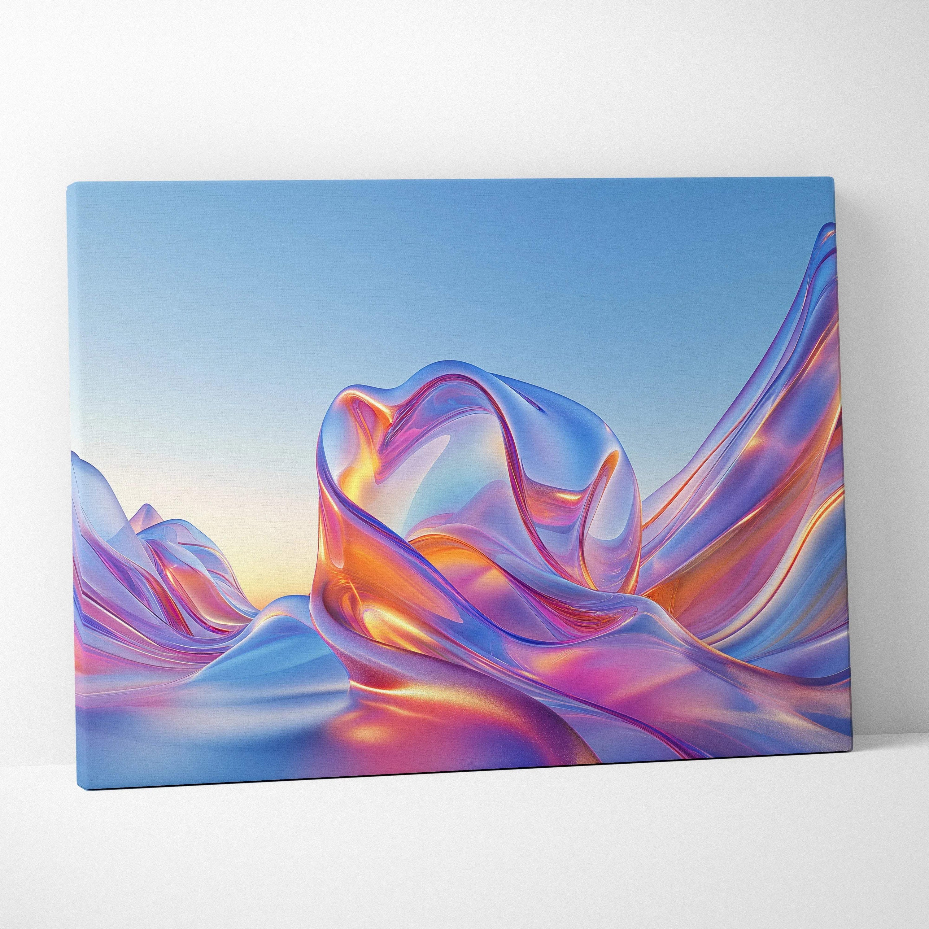 Abstract digital art canvas with flowing, translucent shapes in pink, purple, and orange hues against a soft blue background.