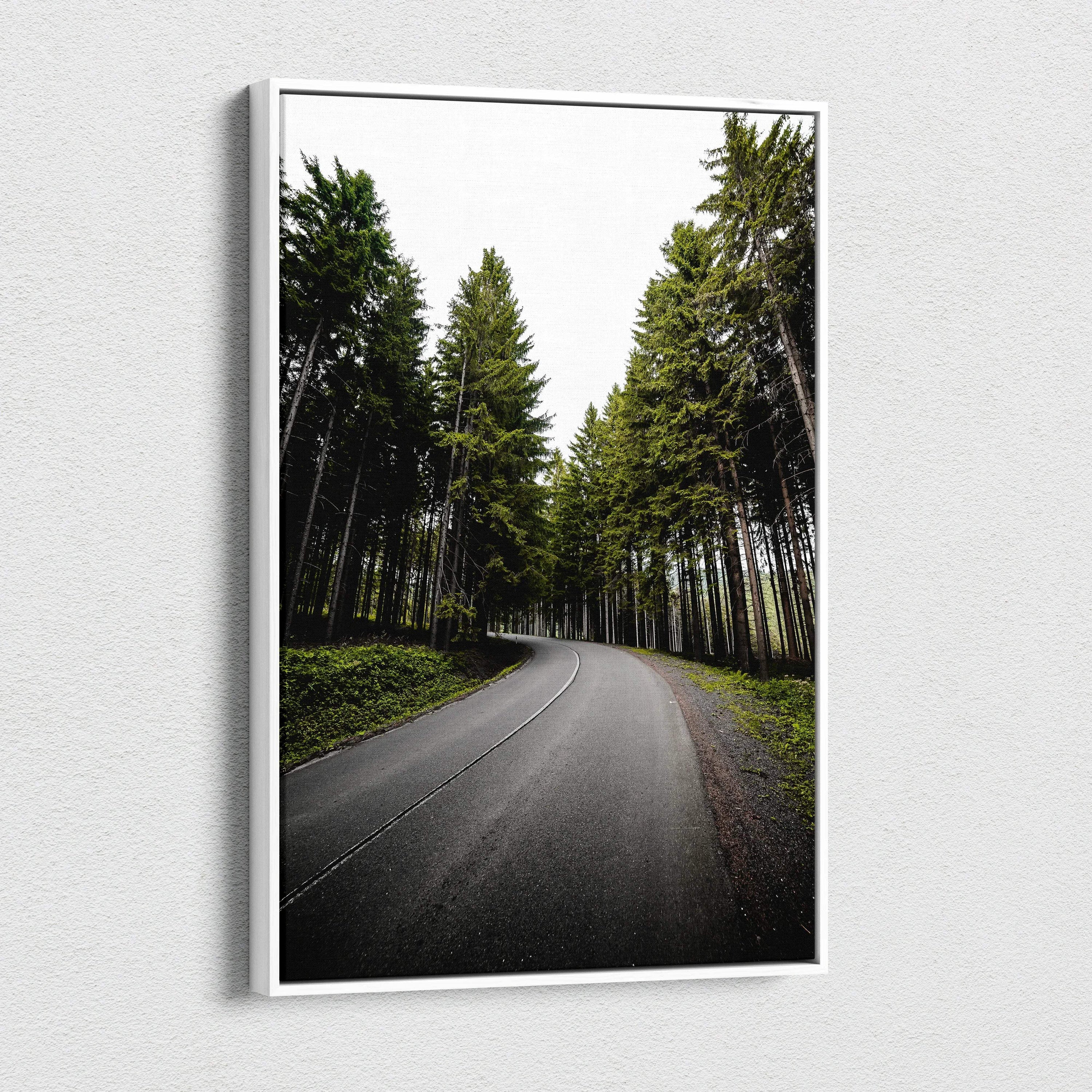 Canvas wall art featuring a winding road through tall green forest trees, perfect for home decor.