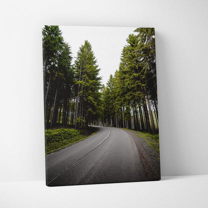 Vertical canvas wall art featuring a winding forest road at sunset for home decor.