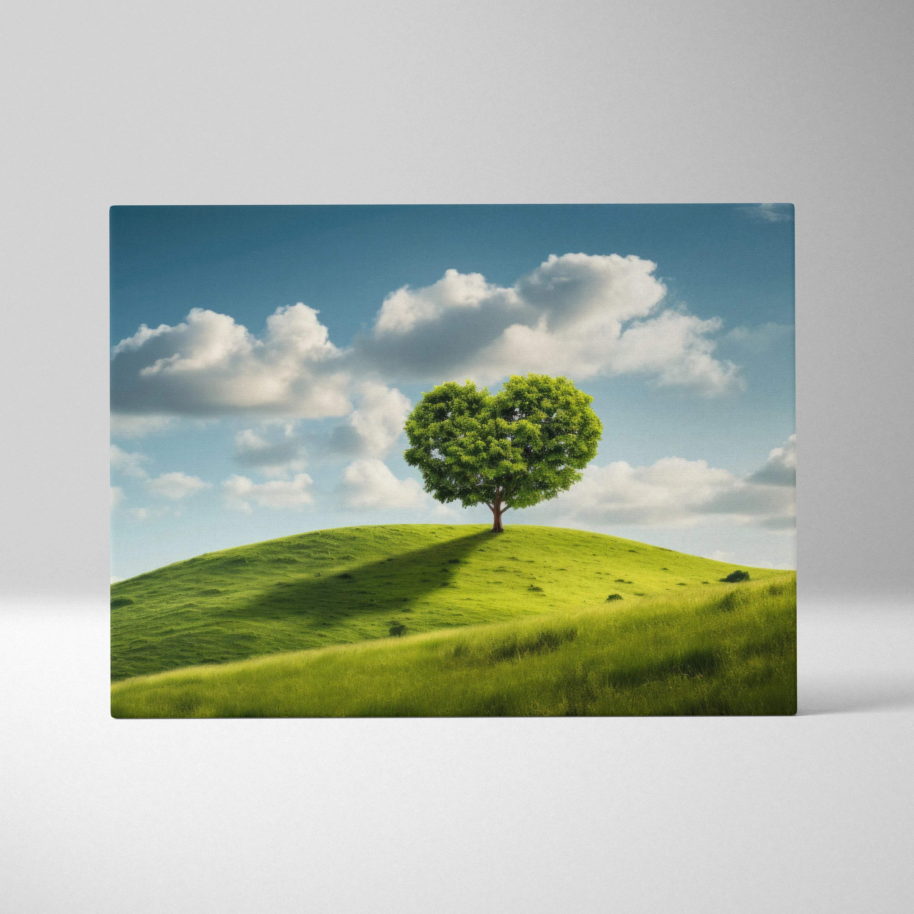Vibrant green heart-shaped tree on grassy hill canvas wall art
