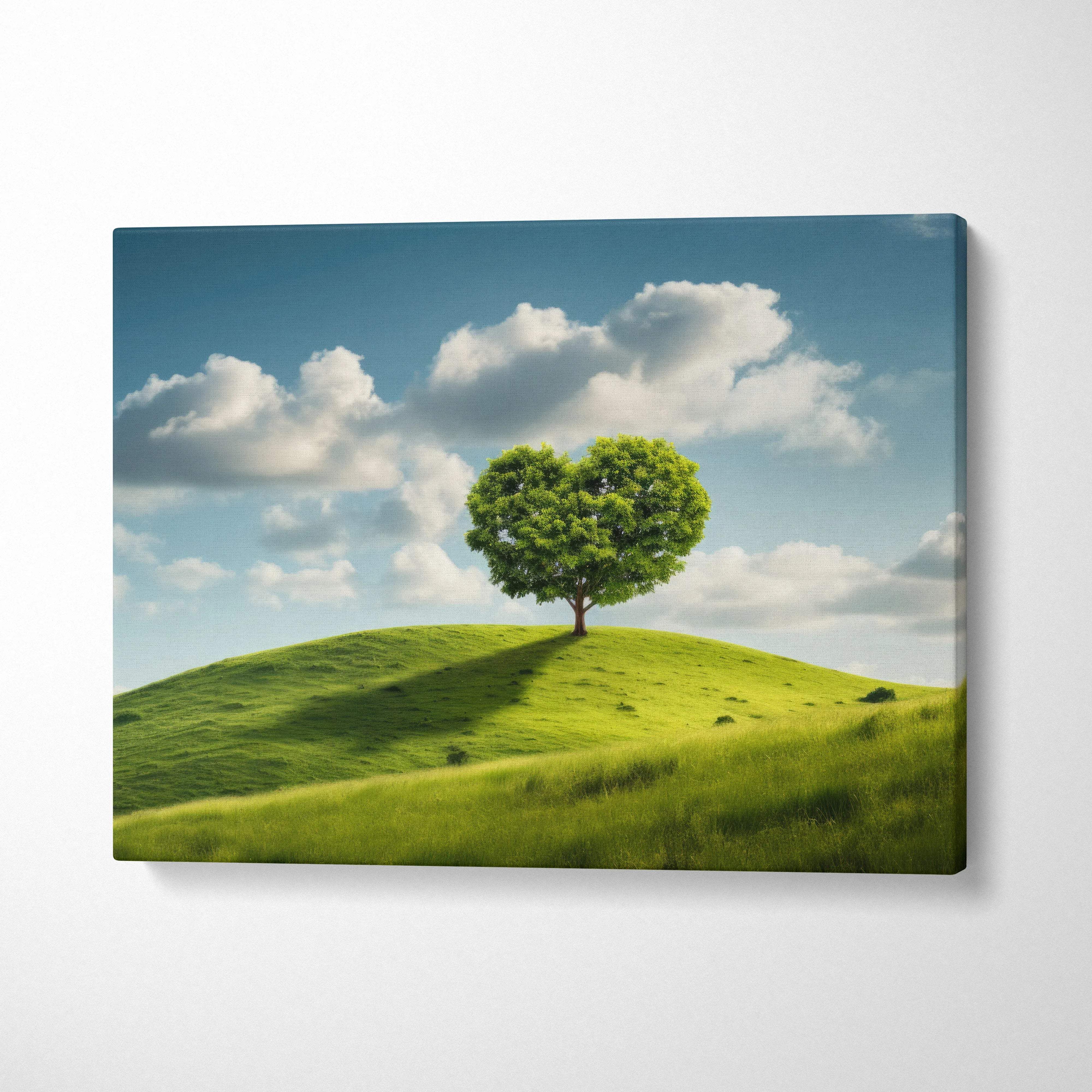Vibrant canvas wall art of heart-shaped green tree on grassy hill under blue sky