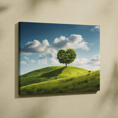 Heart shaped tree canvas wall art on green hill with blue sky