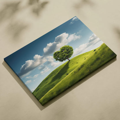 Heart shaped tree on green hill canvas wall art, surreal calming landscape