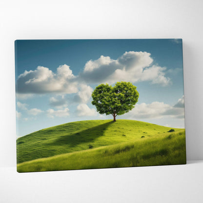 Vibrant canvas wall art of heart-shaped tree on green hill under blue sky