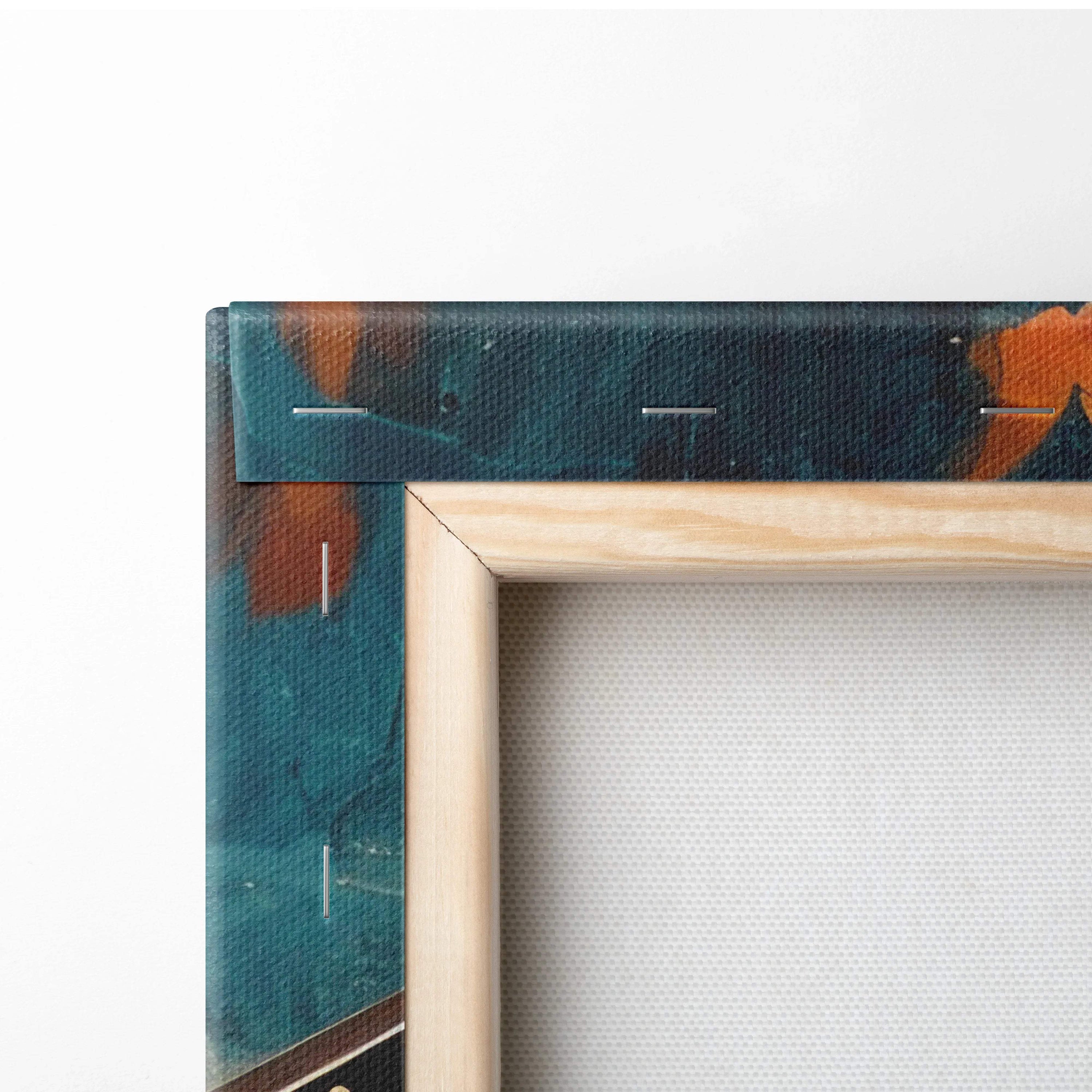 Framed teal orange abstract canvas wall art with airplane and tropical flowers