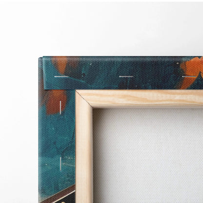 Framed teal orange abstract canvas wall art with airplane and tropical flowers