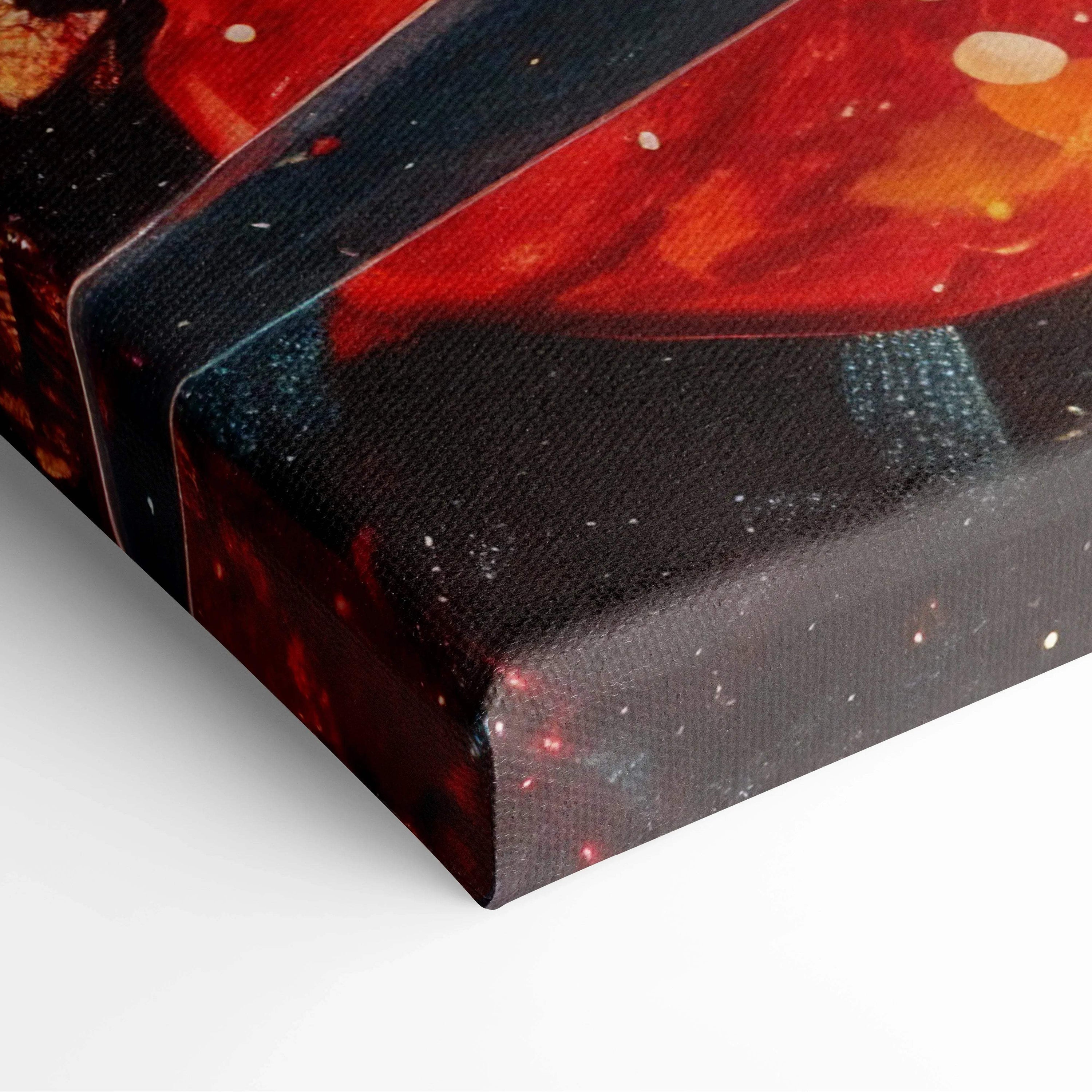 Canvas print of cosmic red orange nebulae, airplane, tropical flowers