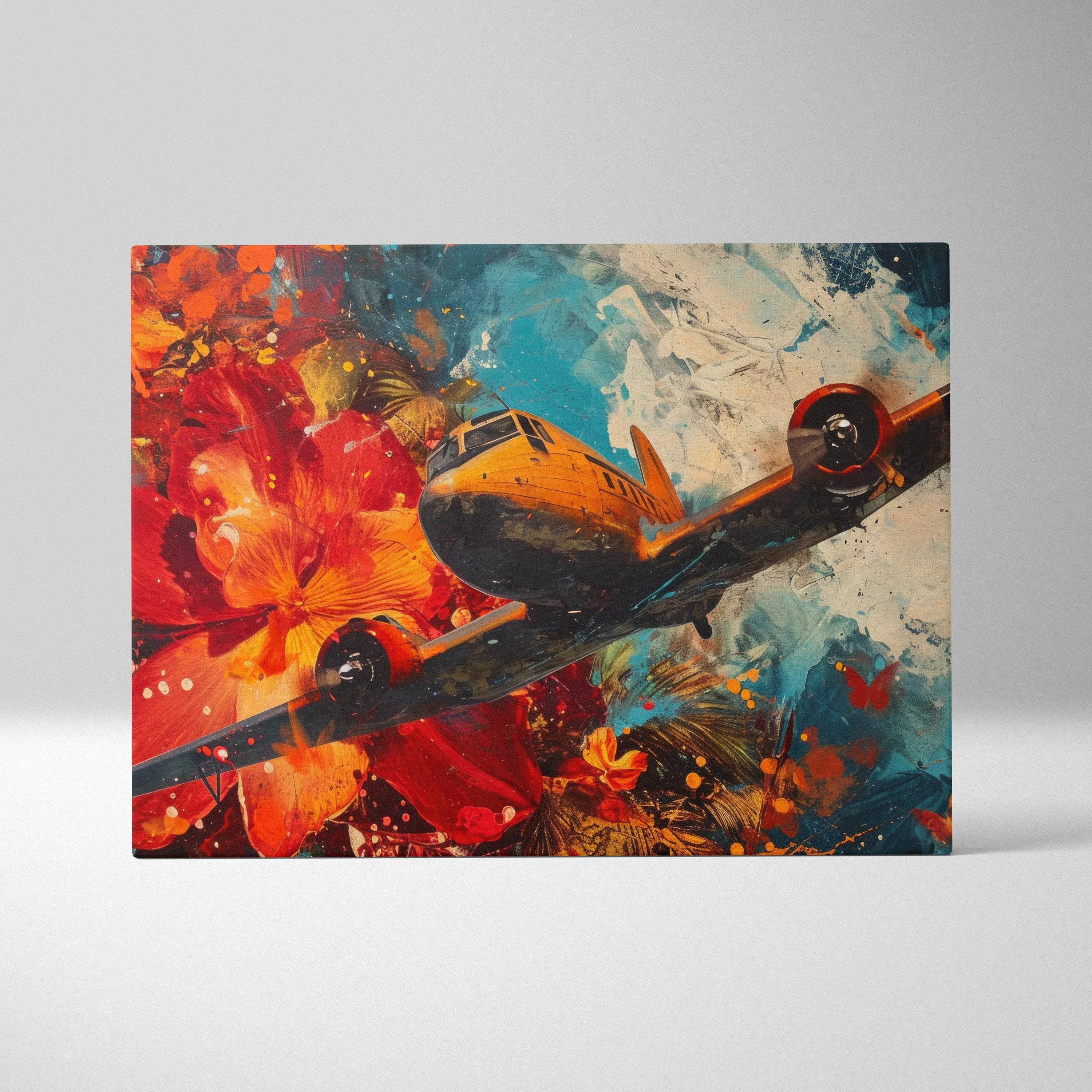 Vibrant canvas print of yellow airplane soaring thru red orange teal splashes