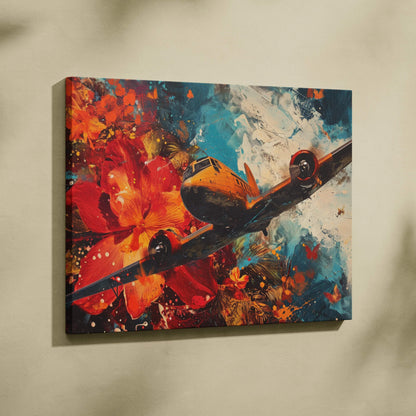 Vibrant Surreal Visionary canvas art of orange airplane and tropical flowers