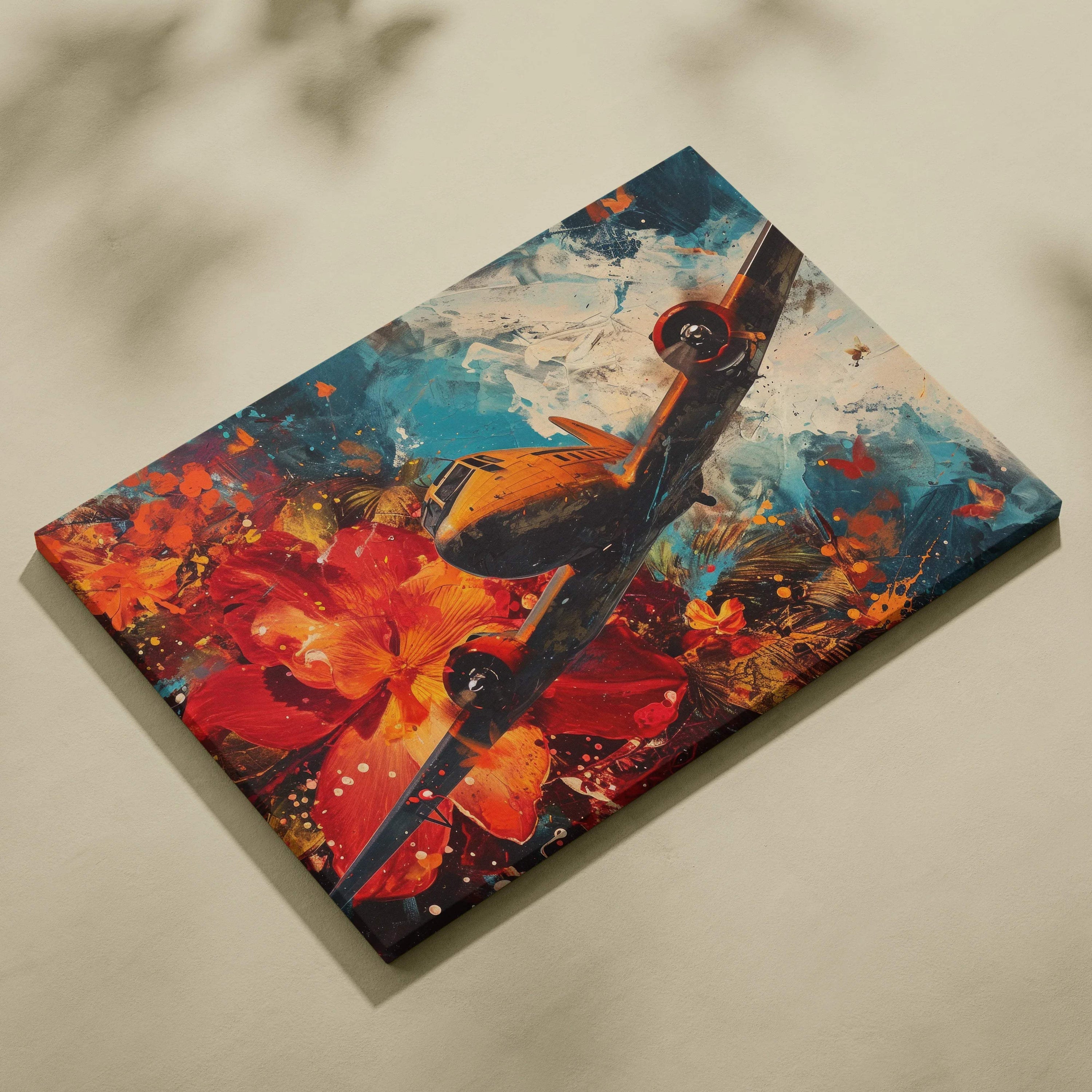 Vibrant Surreal Visionary canvas art with vintage airplane and tropical flowers