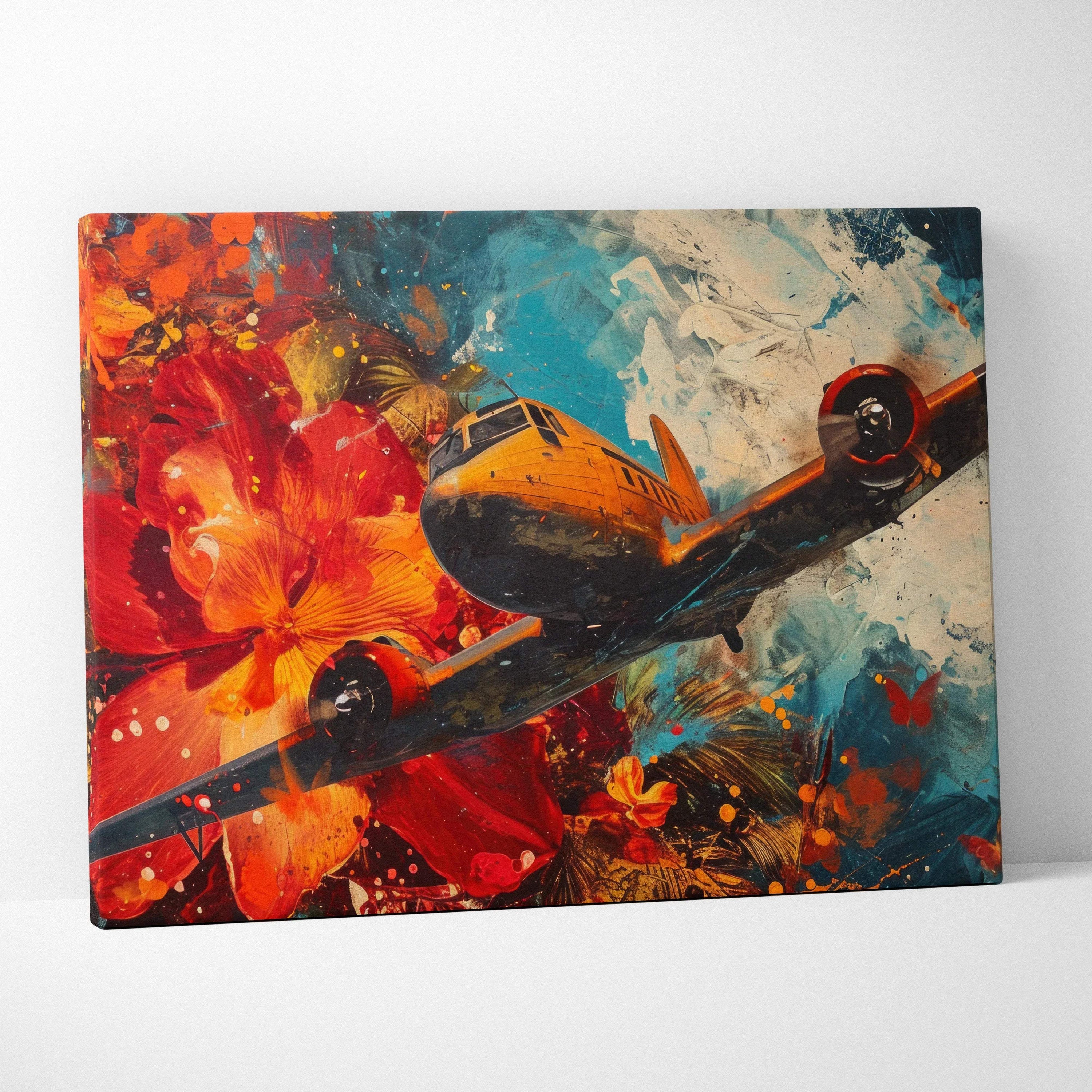 Vibrant Surreal Visionary canvas art of yellow airplane in red orange tropical flowers