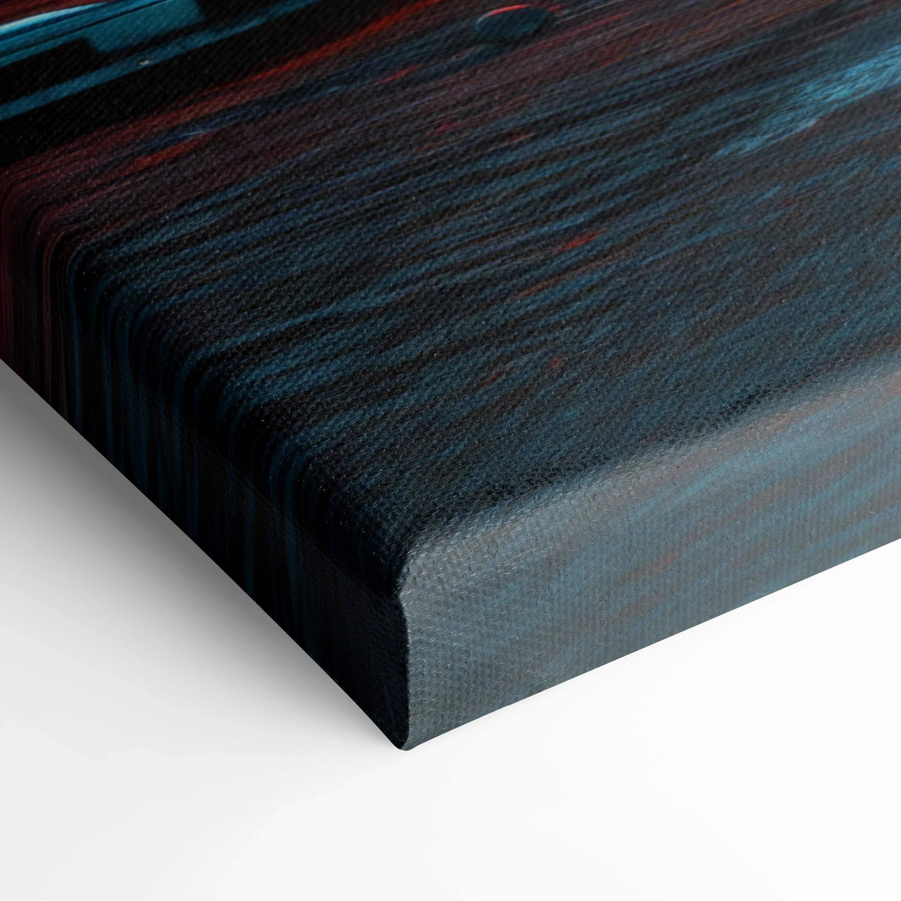 Dark blue canvas print with textured abstract brushstrokes and red neon heart accents