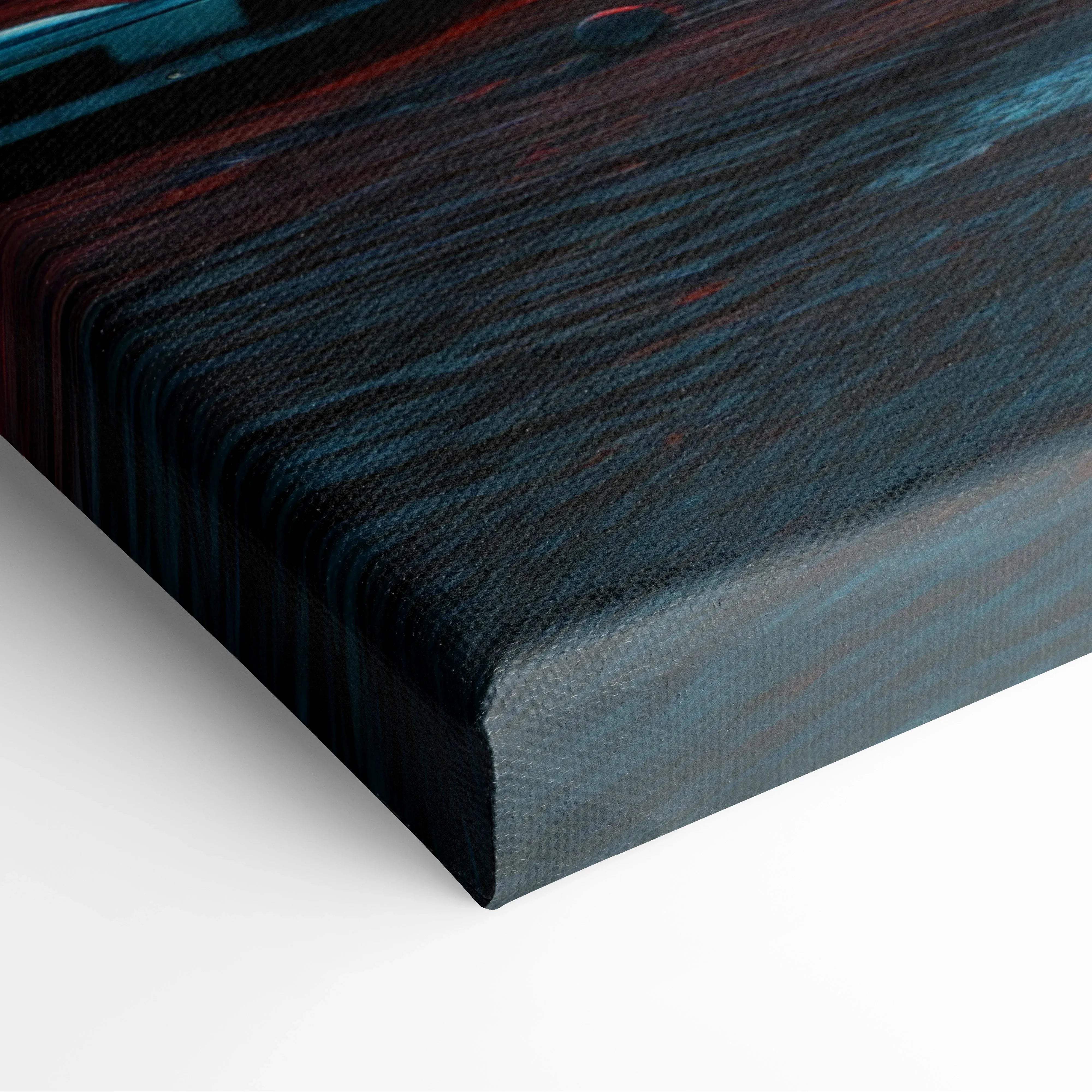 Dark blue canvas print with textured abstract brushstrokes and red neon heart accents