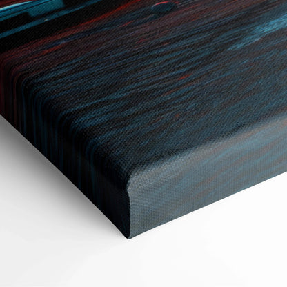 Dark blue canvas print with textured abstract brushstrokes and red neon heart accents