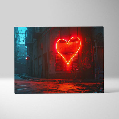 Glowing red neon heart in moody urban alleyway night scene canvas art