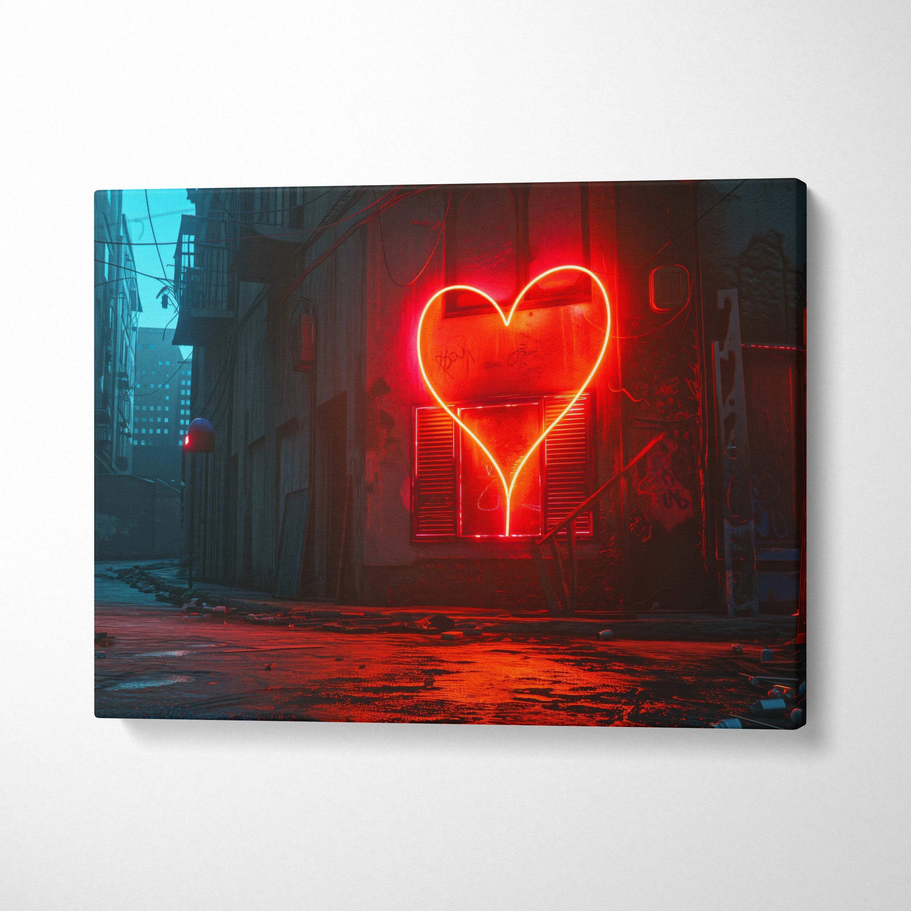 Glowing red neon heart on weathered urban building canvas wall art
