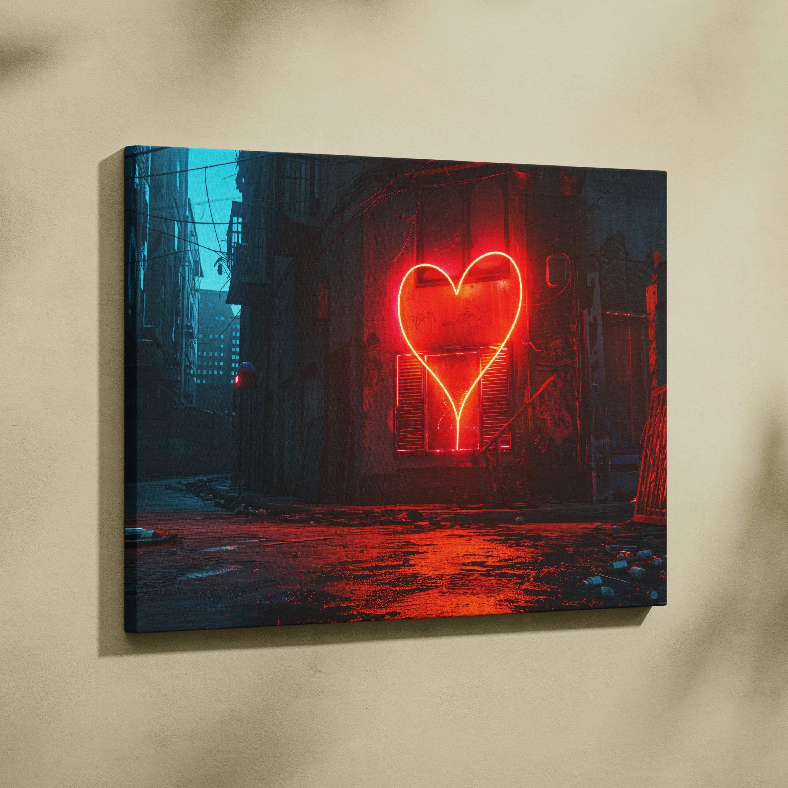 Vibrant red neon heart glowing in moody rainy city alley canvas art