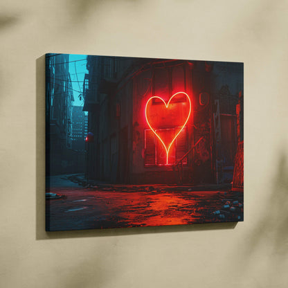 Vibrant red neon heart glowing in moody rainy city alley canvas art